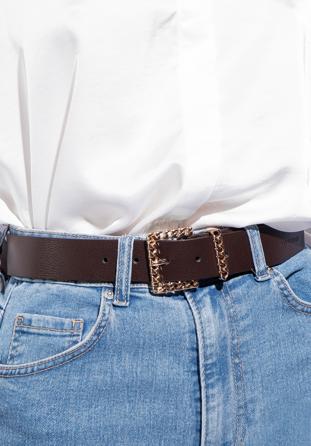 Women's leather belt with decorative buckle, brown, 95-8D-803-4-XL, Photo 1