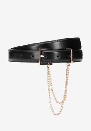 Women's slim leather belt with chain detail, black, 95-8D-801-1-S, Photo 1