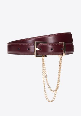 Women's slim leather belt with chain detail, burgundy, 95-8D-801-3-L, Photo 1