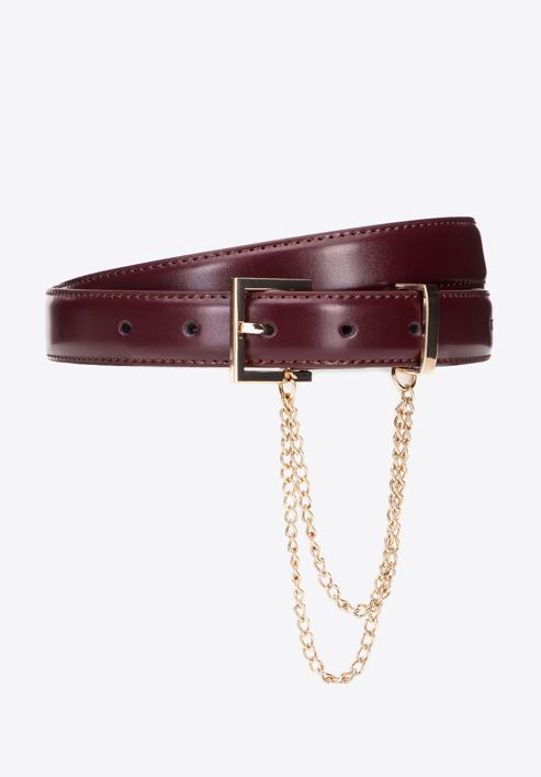 Women's slim leather belt with chain detail, burgundy, 95-8D-801-9-XL, Photo 1