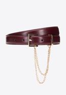 Women's slim leather belt with chain detail, burgundy, 95-8D-801-9-S, Photo 1