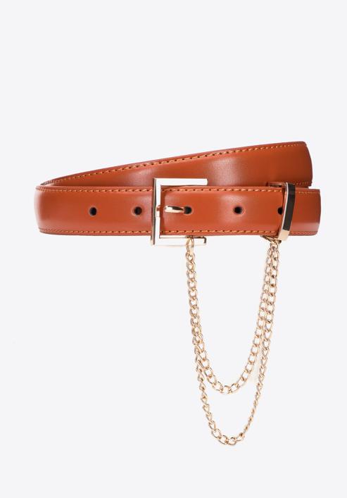 Women's slim leather belt with chain detail, orange, 95-8D-801-6-S, Photo 1