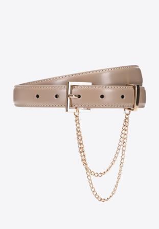 Women's slim leather belt with chain detail, beige, 95-8D-801-9-2XL, Photo 1