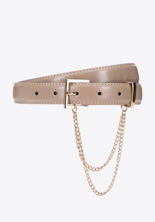 Women's slim leather belt with chain detail, beige, 95-8D-801-9-S, Photo 1