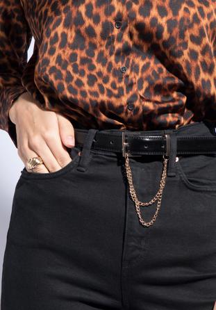 Women's slim leather belt with chain detail, black, 95-8D-801-1-L, Photo 1