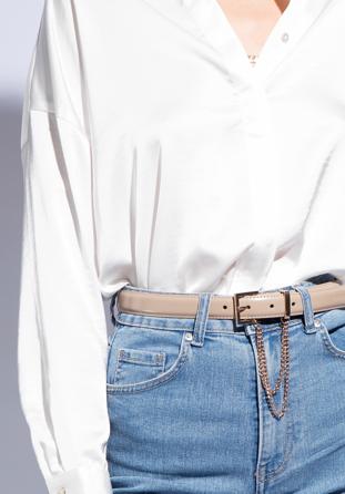 Women's slim leather belt with chain detail, beige, 95-8D-801-9-L, Photo 1