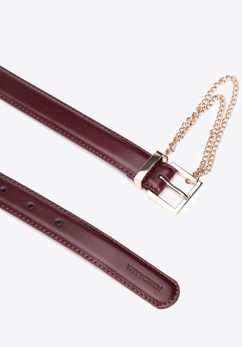 Women's slim leather belt with chain detail, burgundy, 95-8D-801-6-S, Photo 2