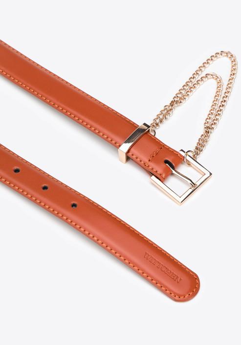 Women's slim leather belt with chain detail, orange, 95-8D-801-3-S, Photo 2