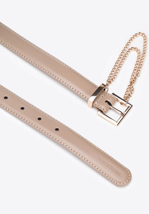 Women's slim leather belt with chain detail, beige, 95-8D-801-9-S, Photo 2