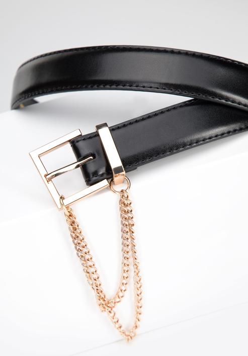 Women's slim leather belt with chain detail, black, 95-8D-801-6-L, Photo 3