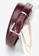 Women's slim leather belt with chain detail, burgundy, 95-8D-801-6-S, Photo 3