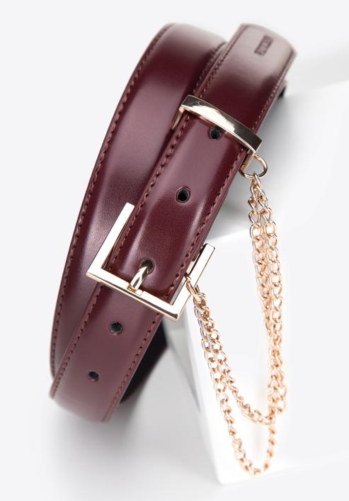 Women's slim leather belt with chain detail, burgundy, 95-8D-801-6-L, Photo 3