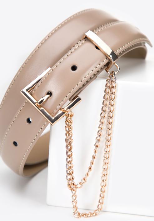 Women's slim leather belt with chain detail, beige, 95-8D-801-9-S, Photo 3