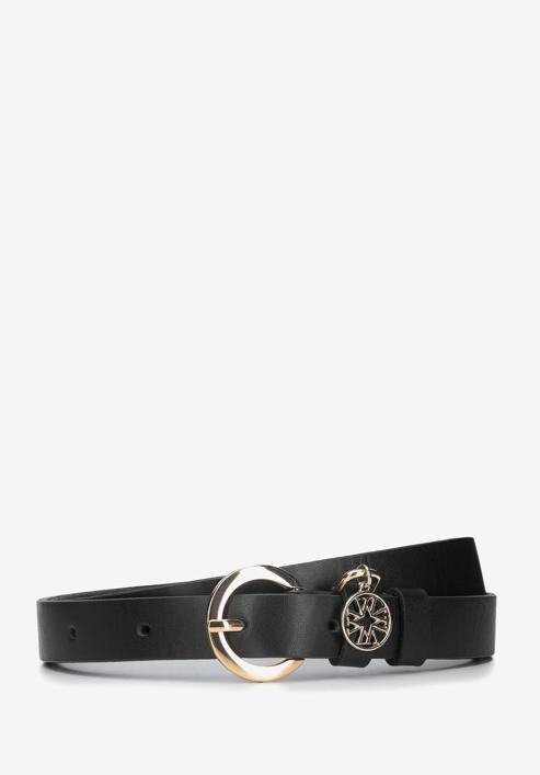 Women's leather belt with logo detail, black, 94-8D-904-5-XL, Photo 1