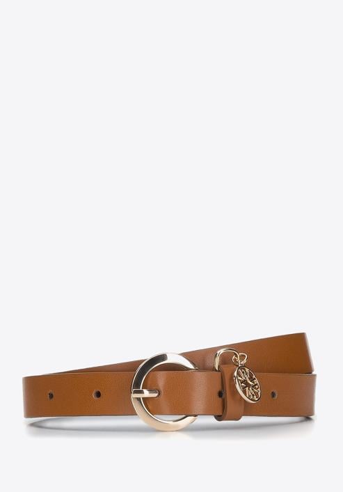 Women's leather belt with logo detail, brown, 94-8D-904-5-XL, Photo 1