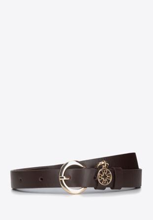 Women's leather belt with logo detail, dark brown, 94-8D-904-5-XL, Photo 1