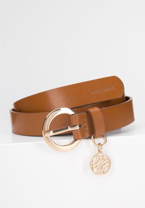 Women's leather belt with logo detail, brown, 94-8D-904-5-XL, Photo 3