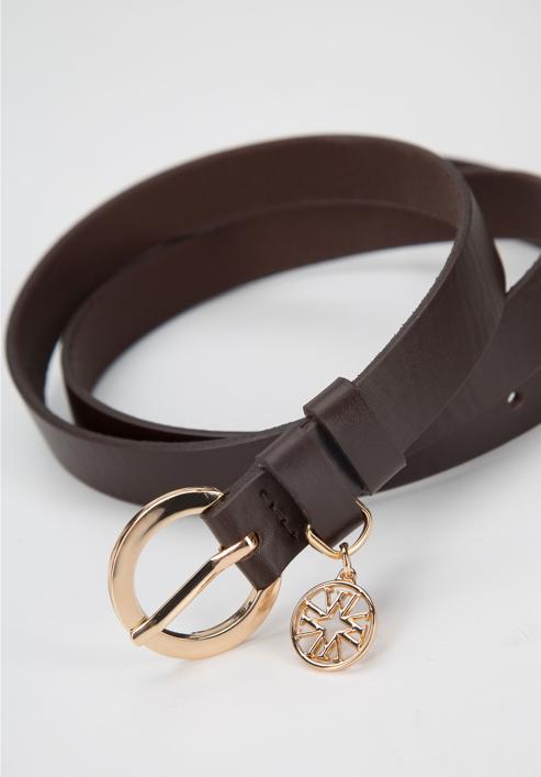 Women's leather belt with logo detail, dark brown, 94-8D-904-5-L, Photo 3
