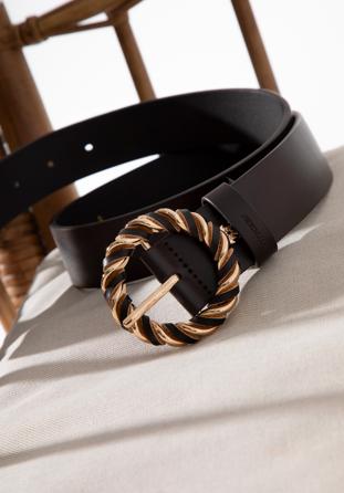Women's leather belt with round braided buckle, black, 98-8D-100-1-XXL, Photo 1