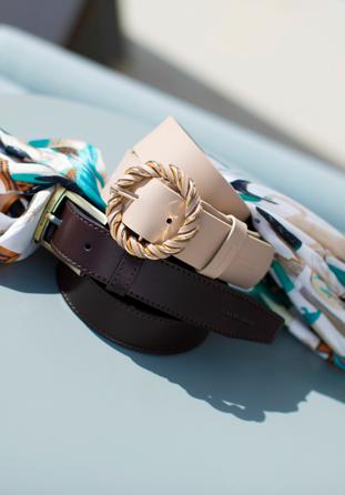 Women's leather belt with round braided buckle, beige, 98-8D-105-P-XL, Photo 1