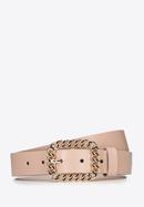 Women's leather belt with a decorative buckle, beige, 97-8D-924-9-S, Photo 1