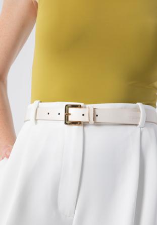 Women's skinny leather belt with a decorative buckle cream