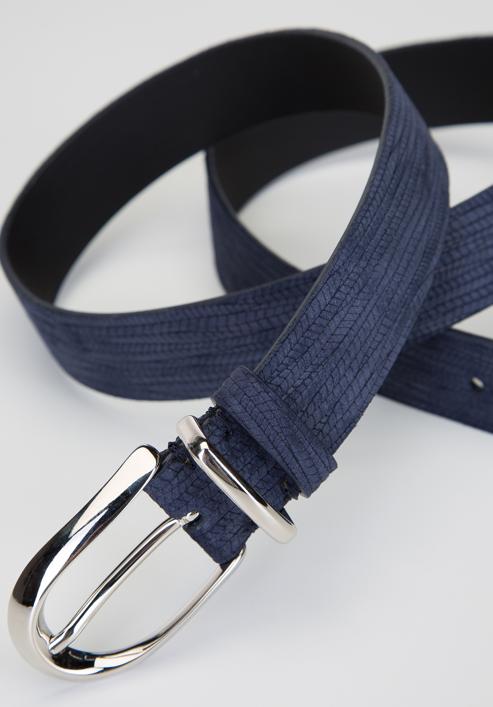 Women's textured velour leather belt, navy blue, 92-8D-310-7-L, Photo 3
