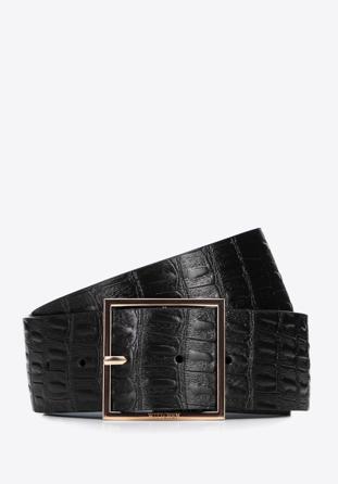 Women's wide croc-embossed leather belt, black, 95-8D-805-1-M, Photo 1
