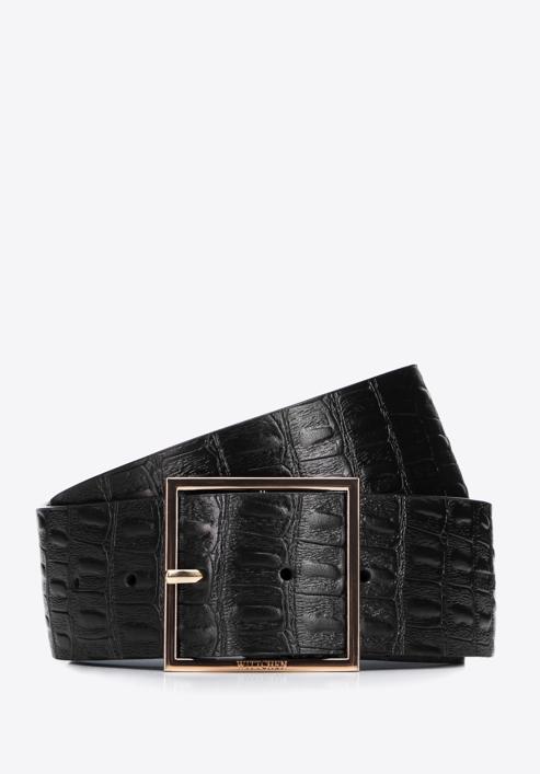 Women's wide croc-embossed leather belt, black, 95-8D-805-4-L, Photo 1