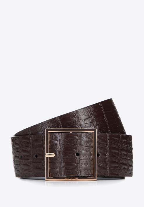 Women's wide croc-embossed leather belt, dark brown, 95-8D-805-1-S, Photo 1