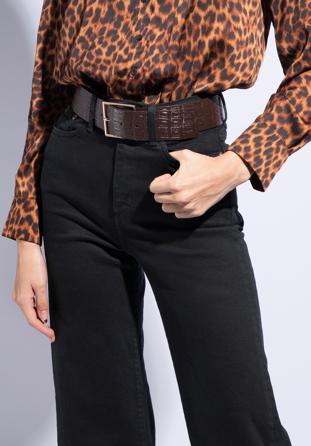 Women's wide croc-embossed leather belt, dark brown, 95-8D-805-4-2XL, Photo 1