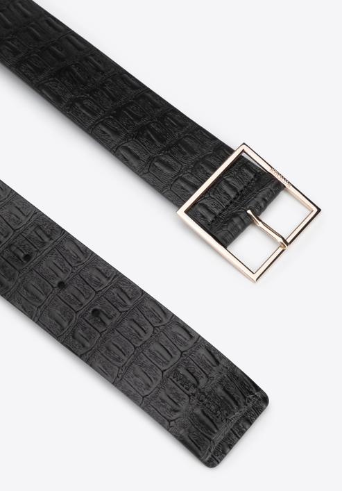 Women's wide croc-embossed leather belt, black, 95-8D-805-4-2XL, Photo 2