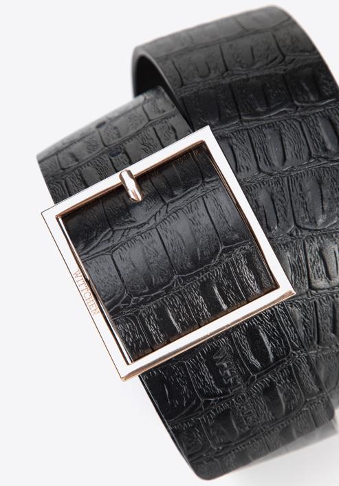 Women's wide croc-embossed leather belt, black, 95-8D-805-4-2XL, Photo 3