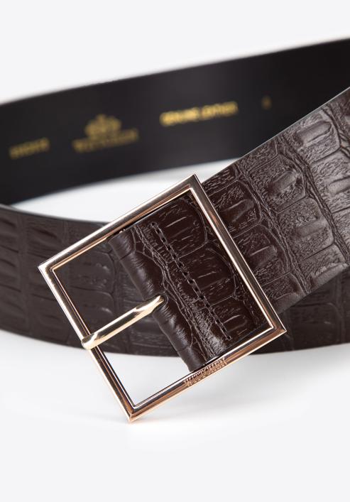 Women's wide croc-embossed leather belt, dark brown, 95-8D-805-1-S, Photo 3