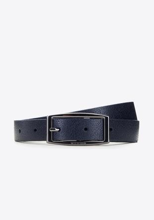 Women's reversible leather belt with rectangular buckle, navy blue-black, 91-8D-304-7-L, Photo 1