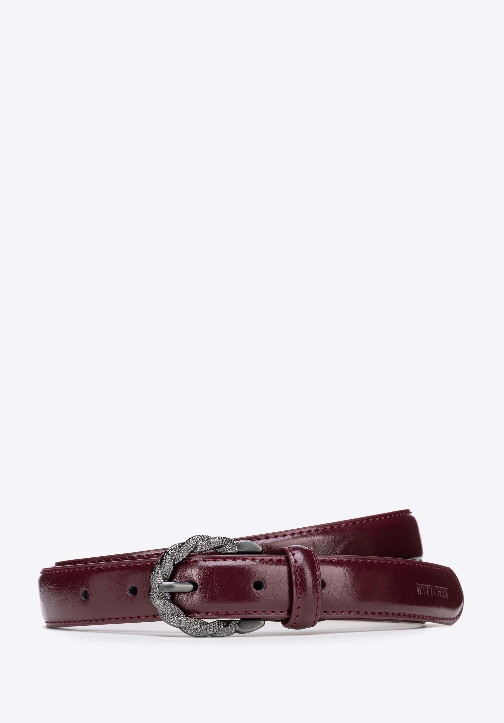 Damski pasek ze skóry naturalnej z plecioną klamrą, bordowy, 103-8D-207-3-XL, Zdjęcie 1