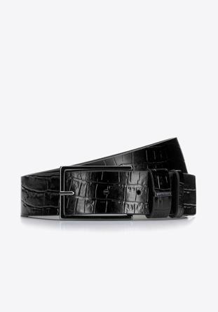 Women's leather belt with textured crocodile print, black, 92-8D-308-1-L, Photo 1