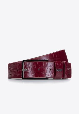 Women's leather belt with textured crocodile print, burgundy, 92-8D-308-3-L, Photo 1