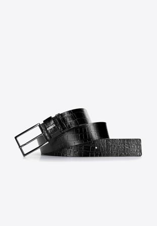 Women's leather belt with textured crocodile print, black, 92-8D-308-1-L, Photo 1