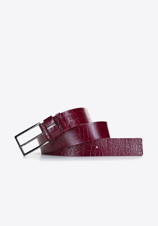 Women's leather belt with textured crocodile print, burgundy, 92-8D-308-3-S, Photo 1