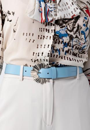 Women's leather belt with a decorative buckle, blue, 98-8D-107-7-L, Photo 1