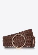 Women's braided leather belt with a round buckle, brown, 98-8D-106-4-S, Photo 1