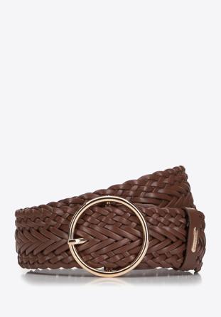Women's braided leather belt with a round buckle, brown, 98-8D-106-4-M, Photo 1