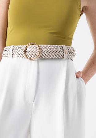 Women's braided leather belt with a round buckle, cream, 98-8D-106-0-L, Photo 1