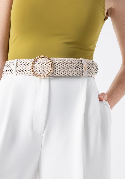 Women's braided leather belt with a round buckle, cream, 98-8D-106-3-XL, Photo 15