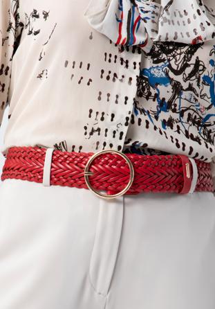 Women's braided leather belt with a round buckle, red, 98-8D-106-3-XL, Photo 1