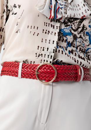 Women's braided leather belt with a round buckle, red, 98-8D-106-3-M, Photo 1