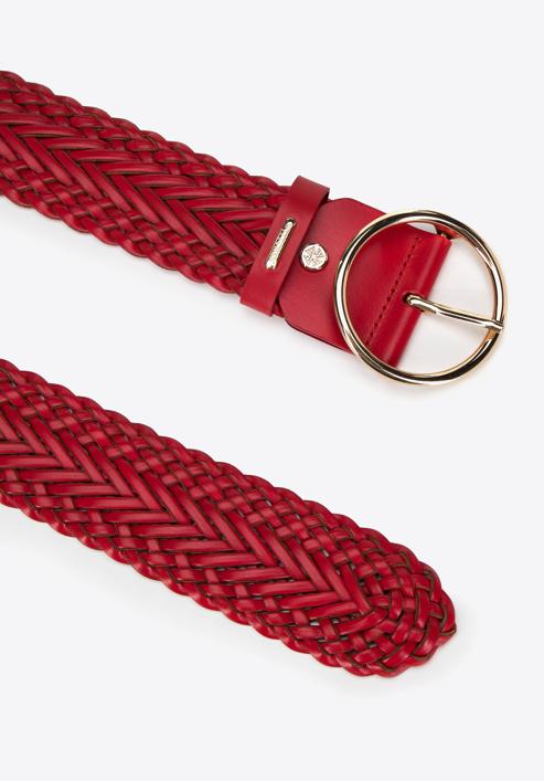 Women's braided leather belt with a round buckle, red, 98-8D-106-4-L, Photo 2