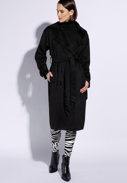Damski płaszcz dwurzędowy z przeszyciami, czarny, 96-9P-107-5-XL, Zdjęcie 1