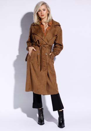 Damski płaszcz dwurzędowy z przeszyciami, brązowy, 96-9P-107-5-M, Zdjęcie 1